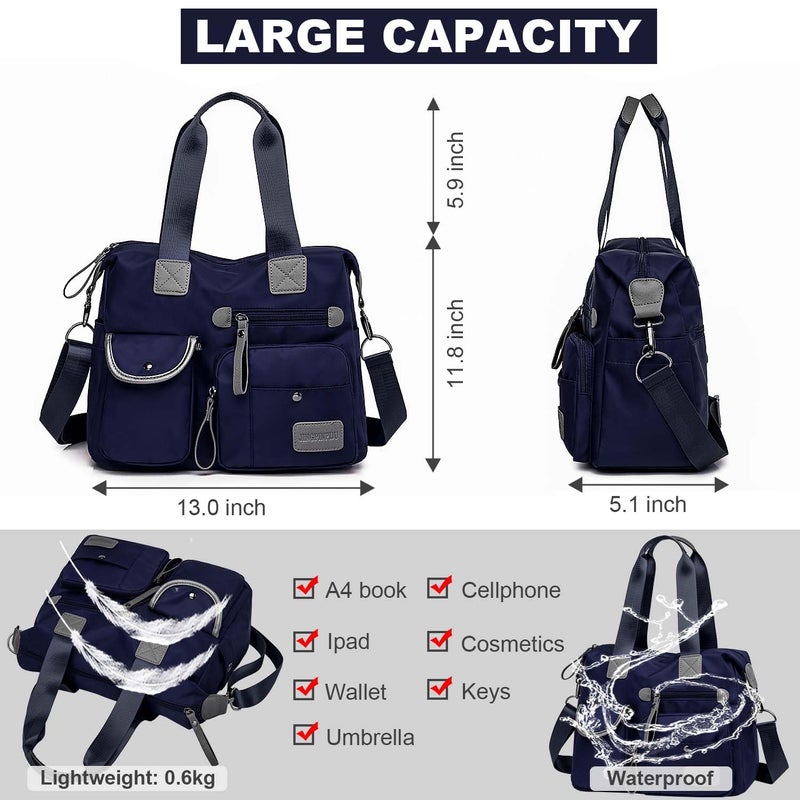 YouNuo Women Nylon Tote with Multiple Pockets & Zipper, Work Nursing Bag, Large Shoulder Purse,Waterproof Galaxy Cross body Bag for Travel (Pure Navy Blue) - Image 4